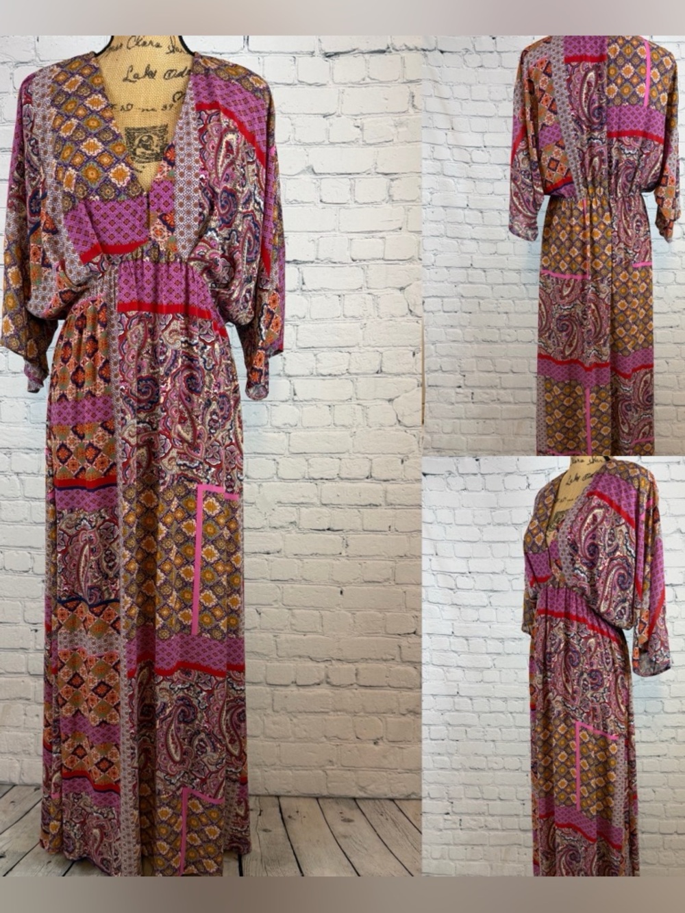 Boho Patchwork Print V Neck Kimono Sleeve Maxi